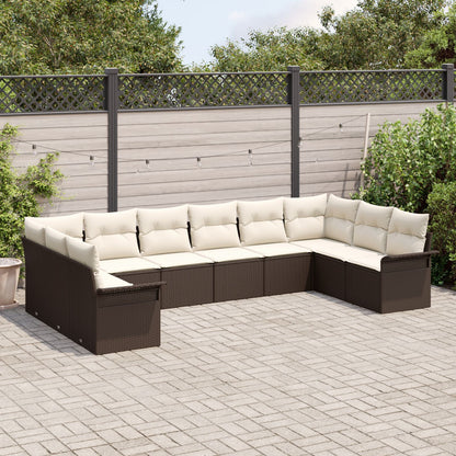 10-Delig Tuinbankstel Met Kussens Bruin Poly Rattan