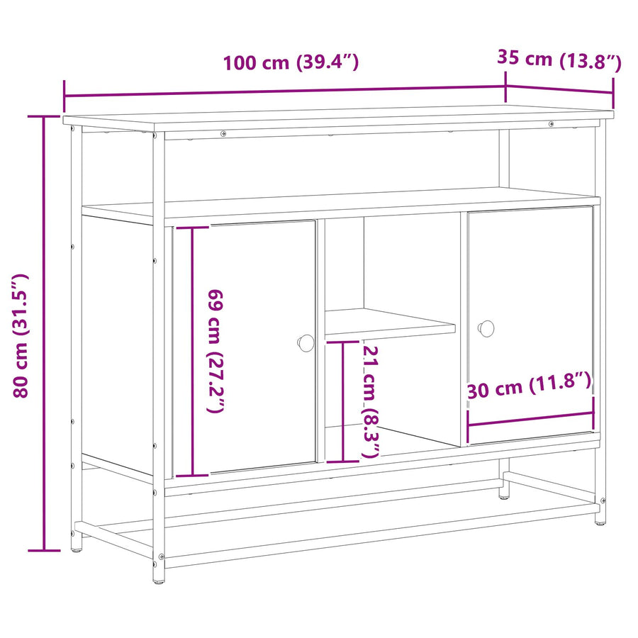 Dressoir 100X35X80 Cm Samengesteld Hout En Staal Zwart eiken