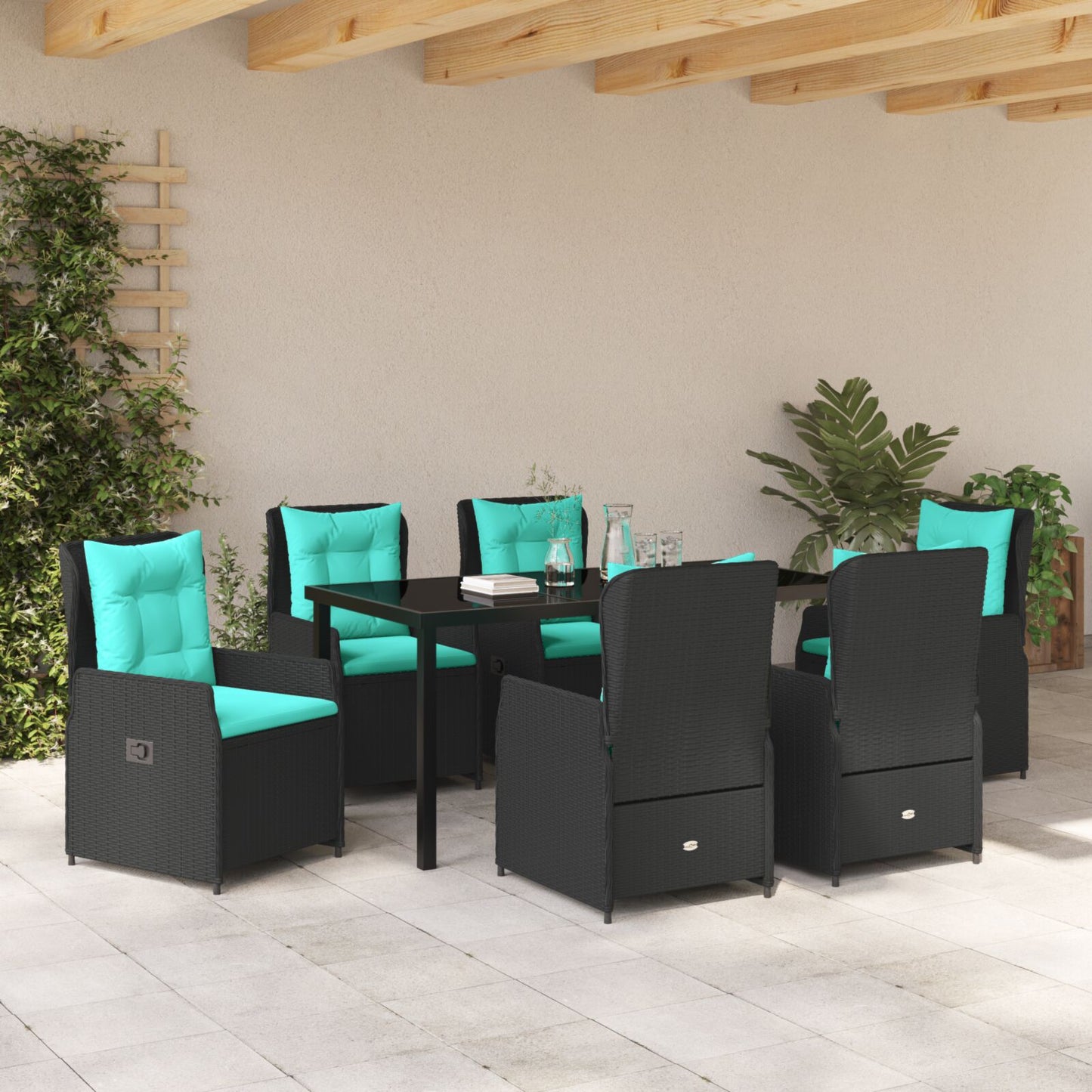 7-Delige Tuin Eettafel Set Zwart Poly Rattan