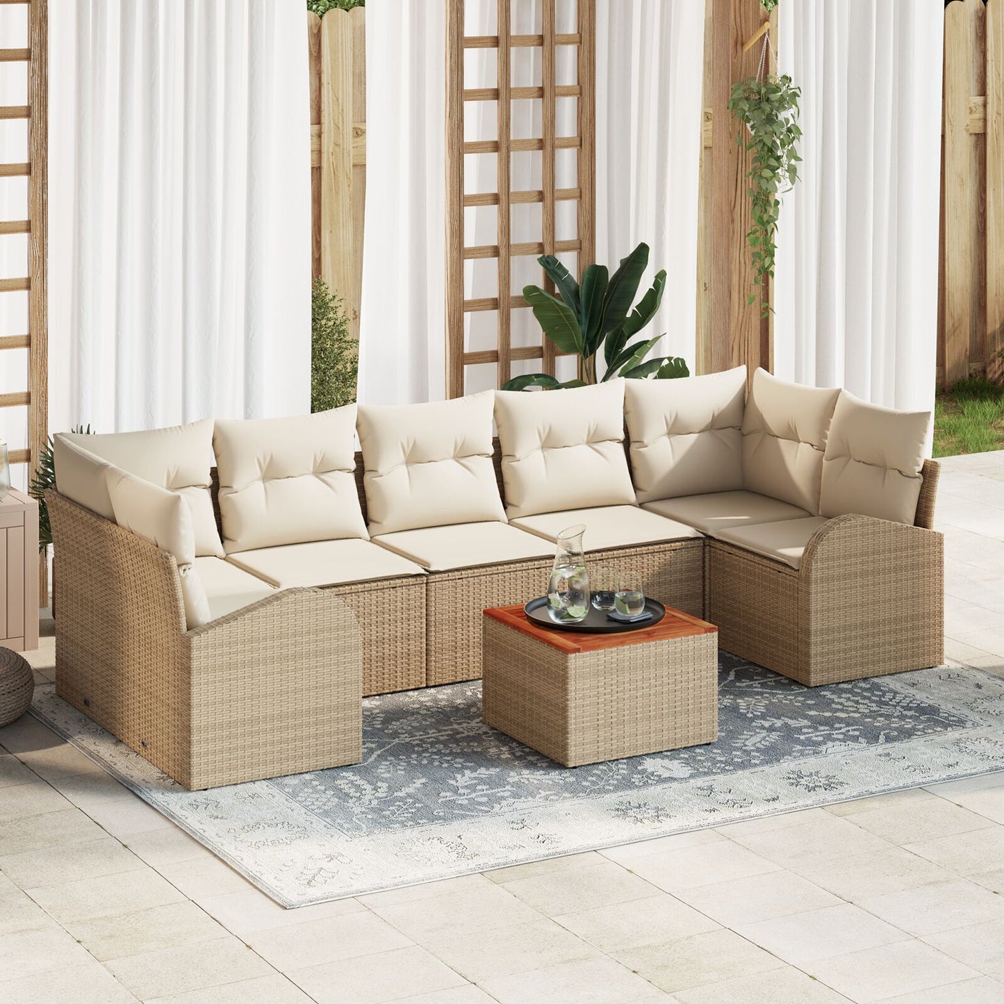 8-Delige Tuinsalonset Met Kussens Beige Poly Rattan Acacia