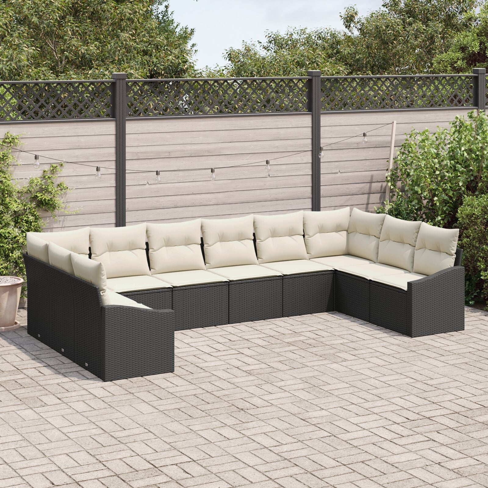 10 Delige Tuin Sofa Set Met Kussens Poly Rattan Zwart en crème zonder tafel