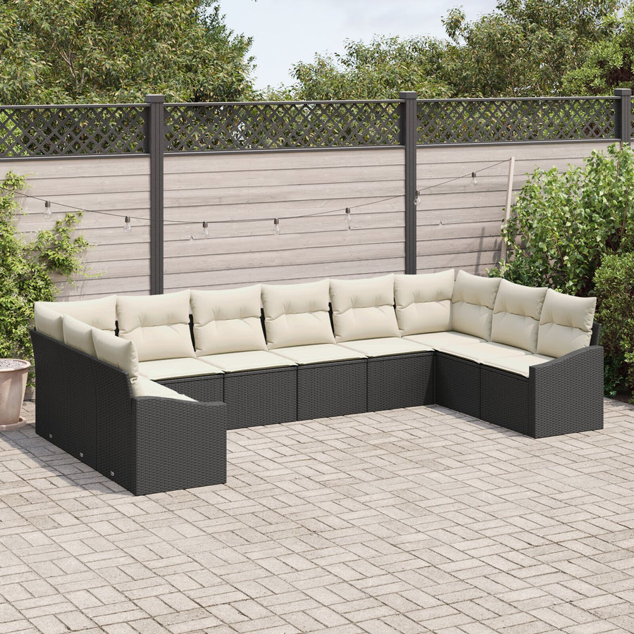 10 Delige Tuin Sofa Set Met Kussens Poly Rattan Zwart en crème zonder tafel