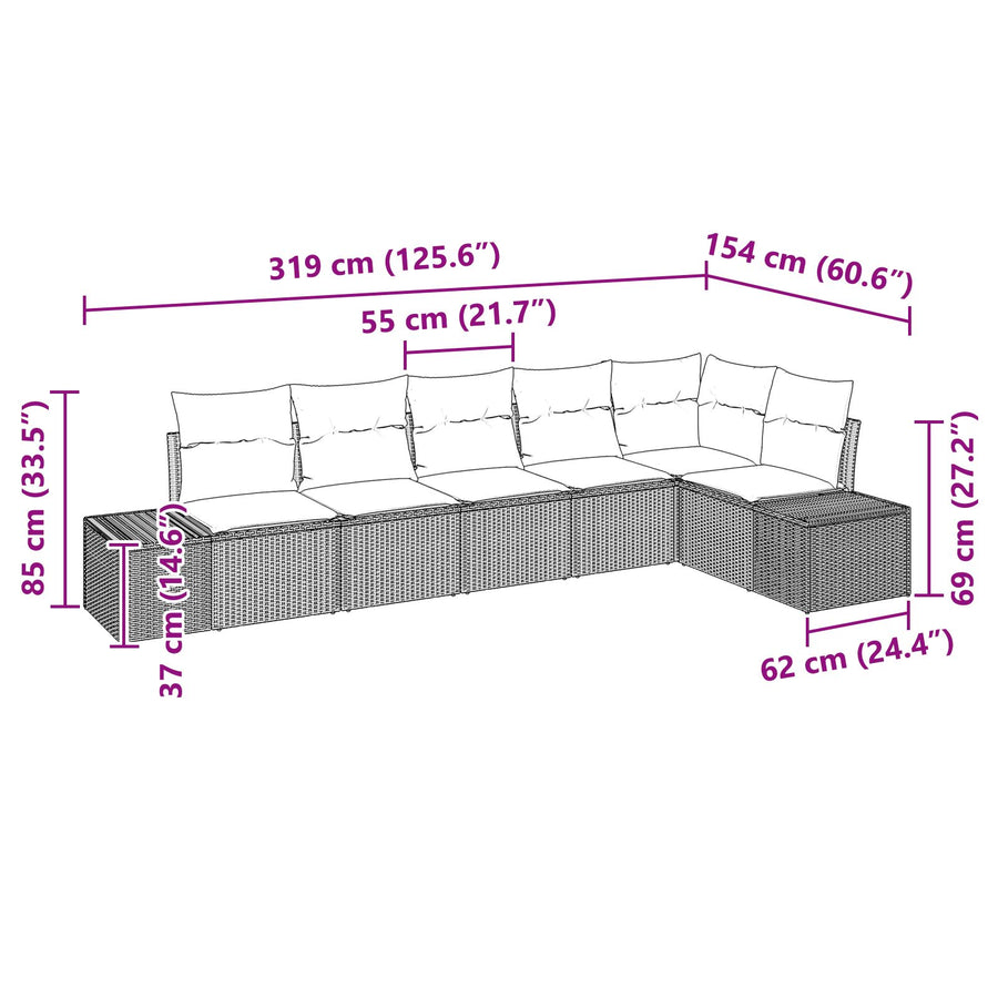 6-Delige Tuin Sofa Set Met Kussens Poly Rattan Zwart zonder tafel