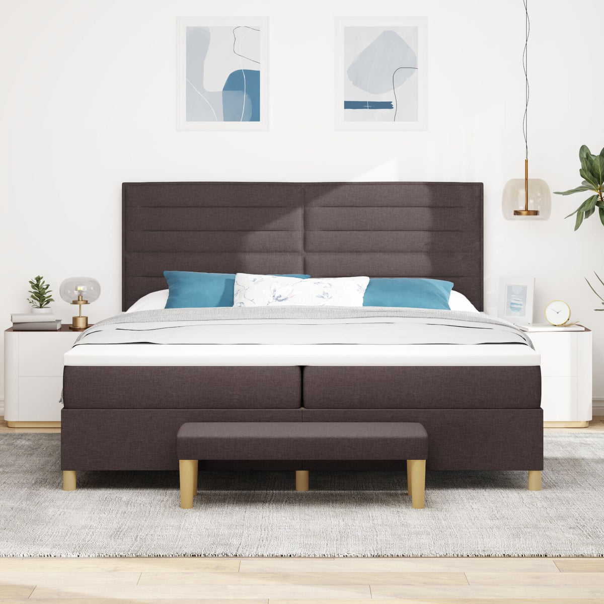 Boxspring Bed Met Matras & Bank Stof Donkerbruin 200 x 200 cm Lijnen ontwerp