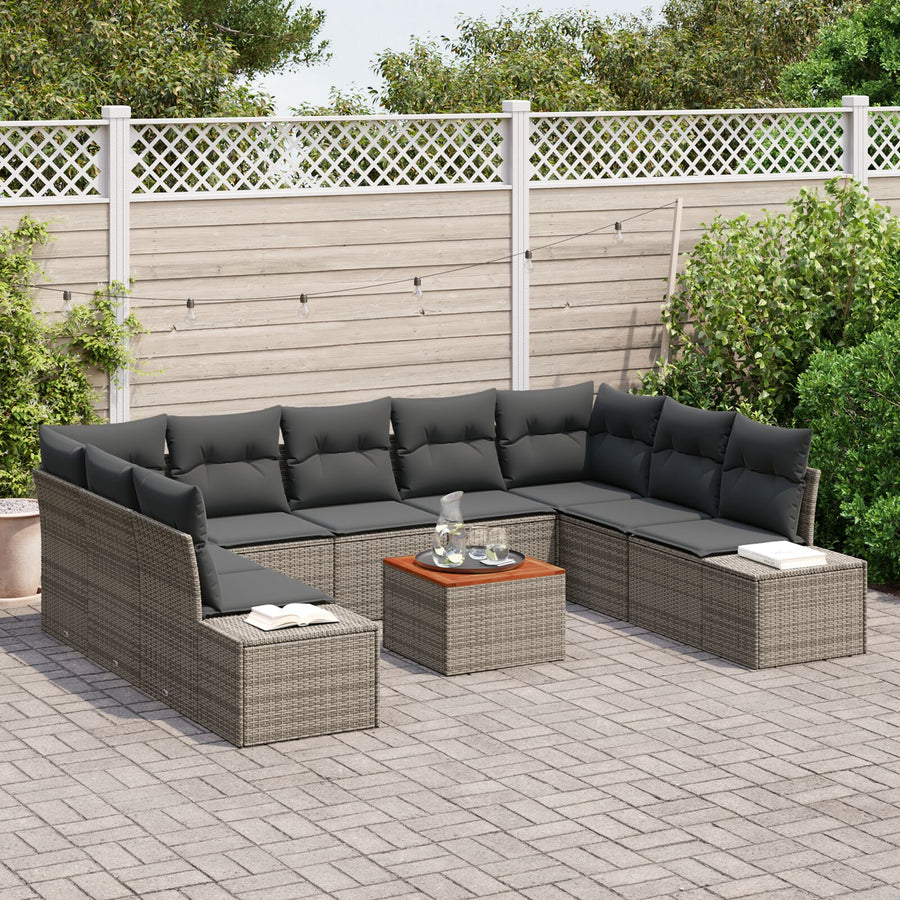 10-Delige Tuin Sofa Set Met Kussens Grijs Poly Riet Acacia