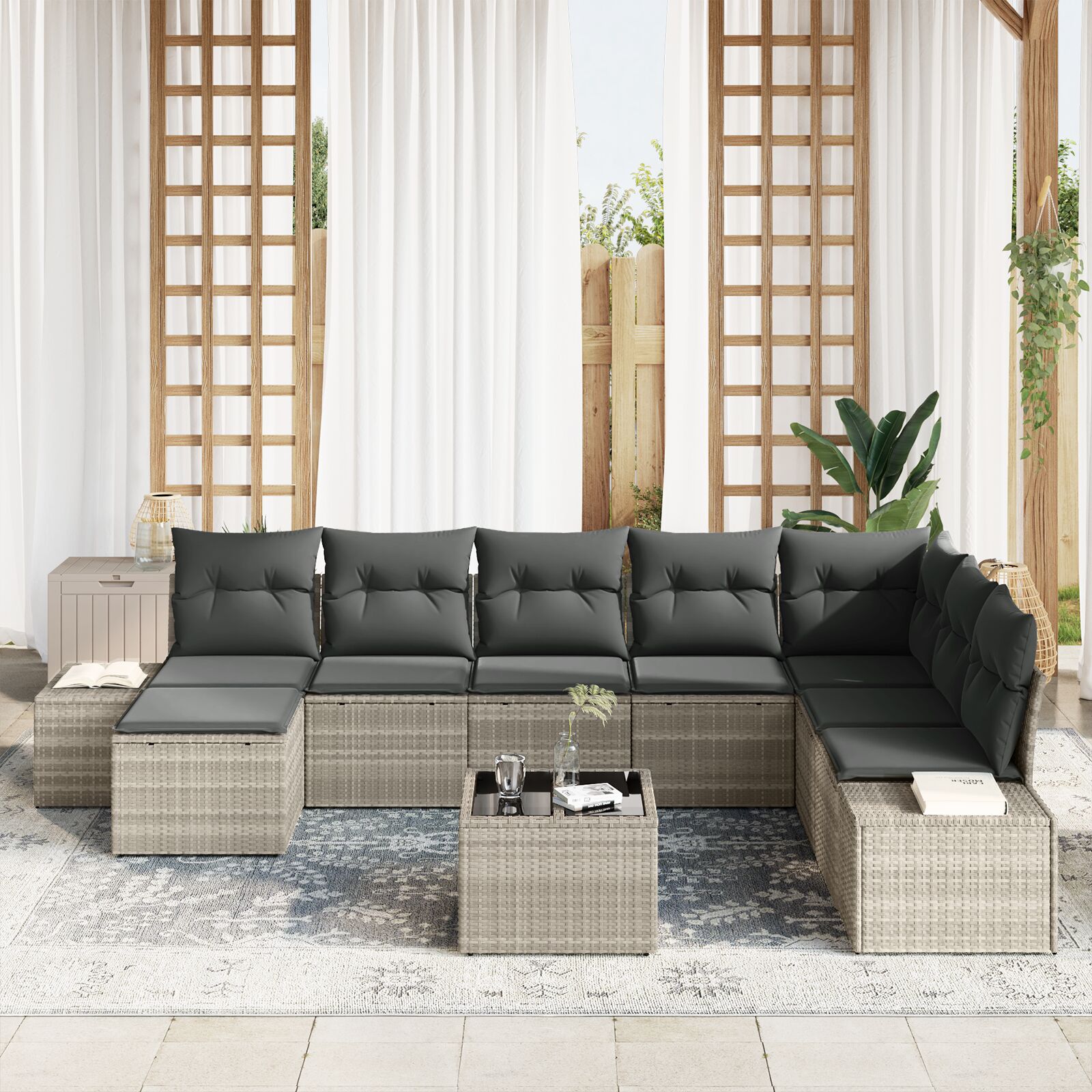 9-Delige Tuinbank Set Met Kussens Grijs Poly Rattan