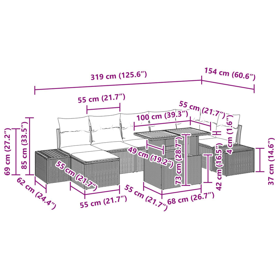Tuinbank Set Set Van 8 Grijs Rattan Buiten Eettafel Set