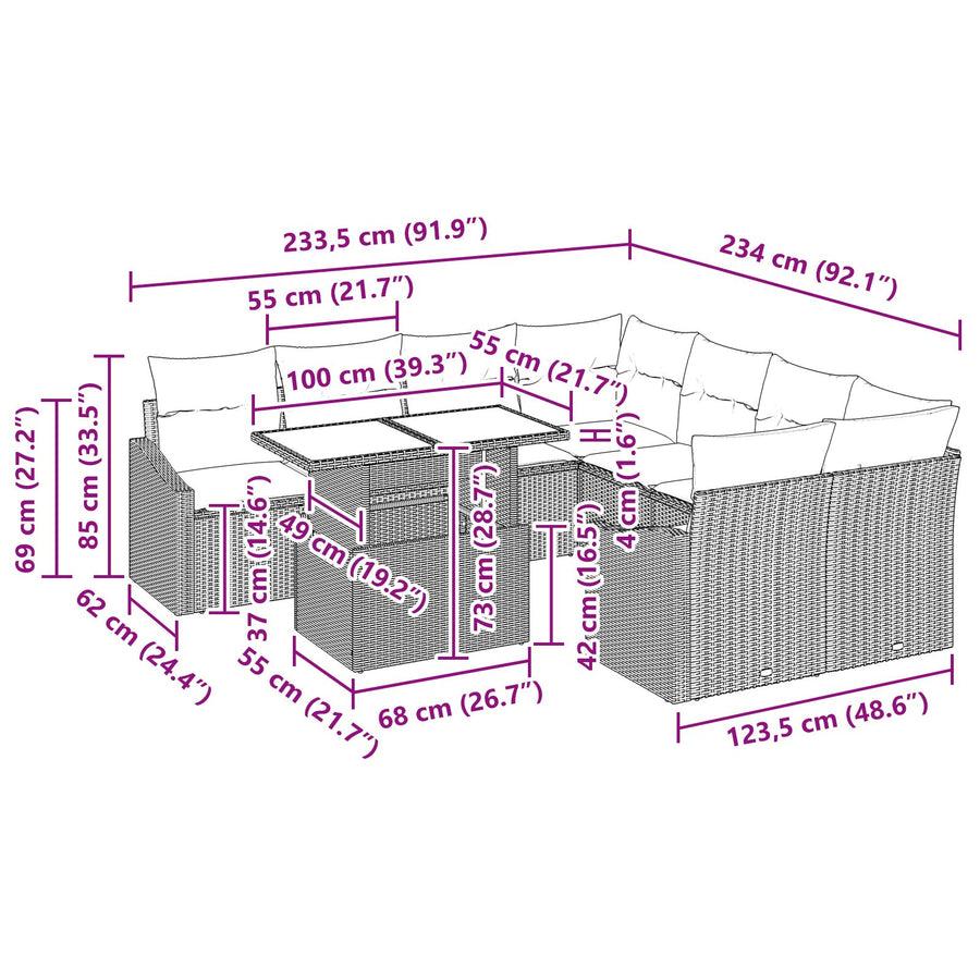 9 Delige Tuin Sofa Set Met Kussens Grijs Poly Rattan