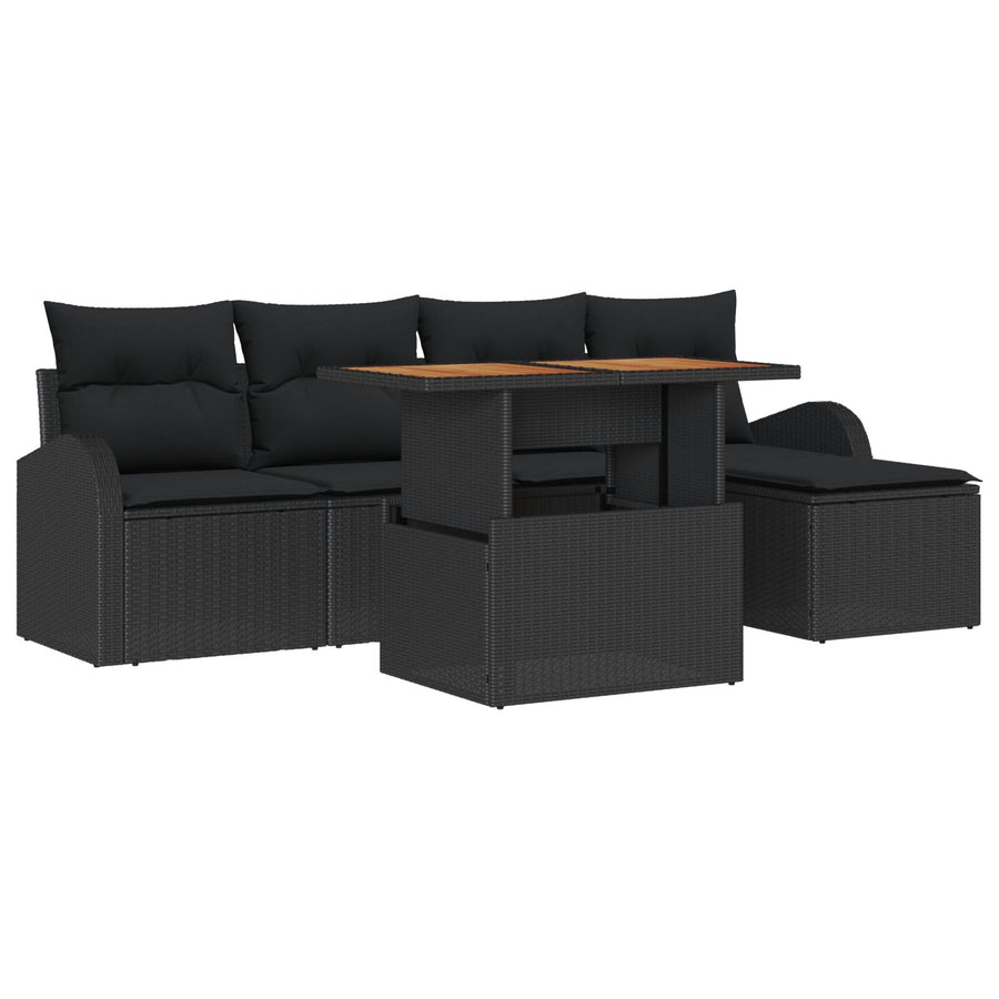 6-Delige Tuindining Set Met Kussens Zwart Poly Rattan Acacia