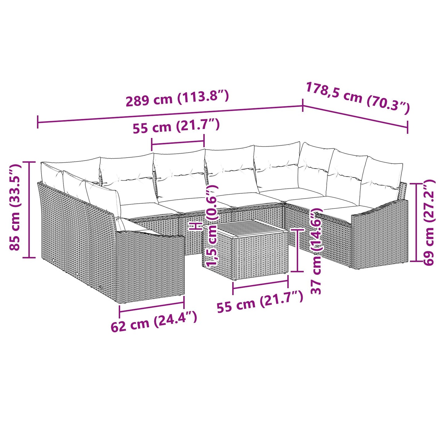10-Delige Tuin Sofa Set Met Kussens Zwart Poly Rattan Acacia