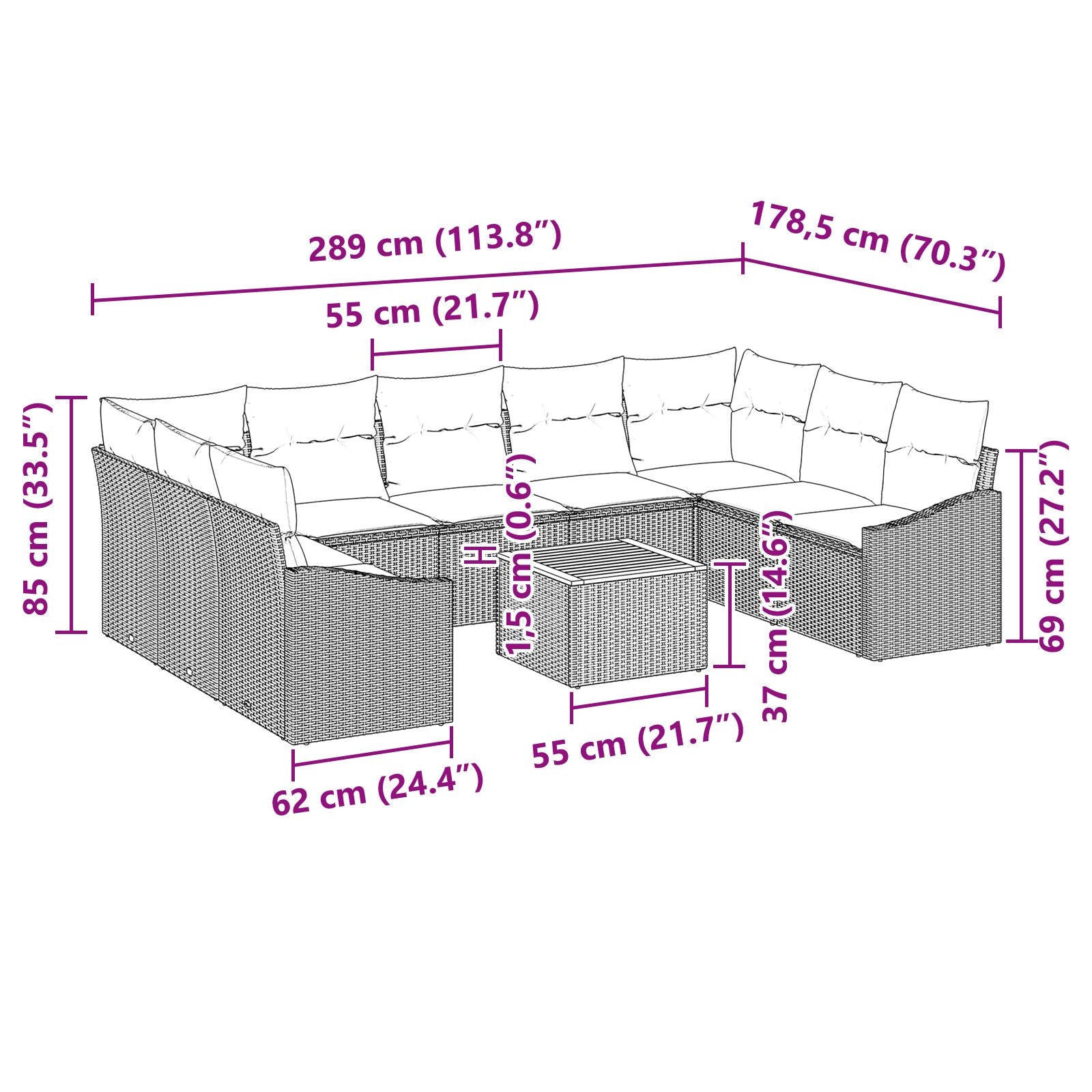 10-Delige Tuin Sofa Set Met Kussens Zwart Poly Rattan Acacia