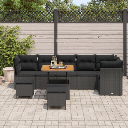 9-Delige Tuin Sofa Set Met Kussens Zwart Poly Rattan Acaciahout, 3-Delige Tuin Eet Set Met Kussens Zwart Poly Rattan Acaciahout Wit