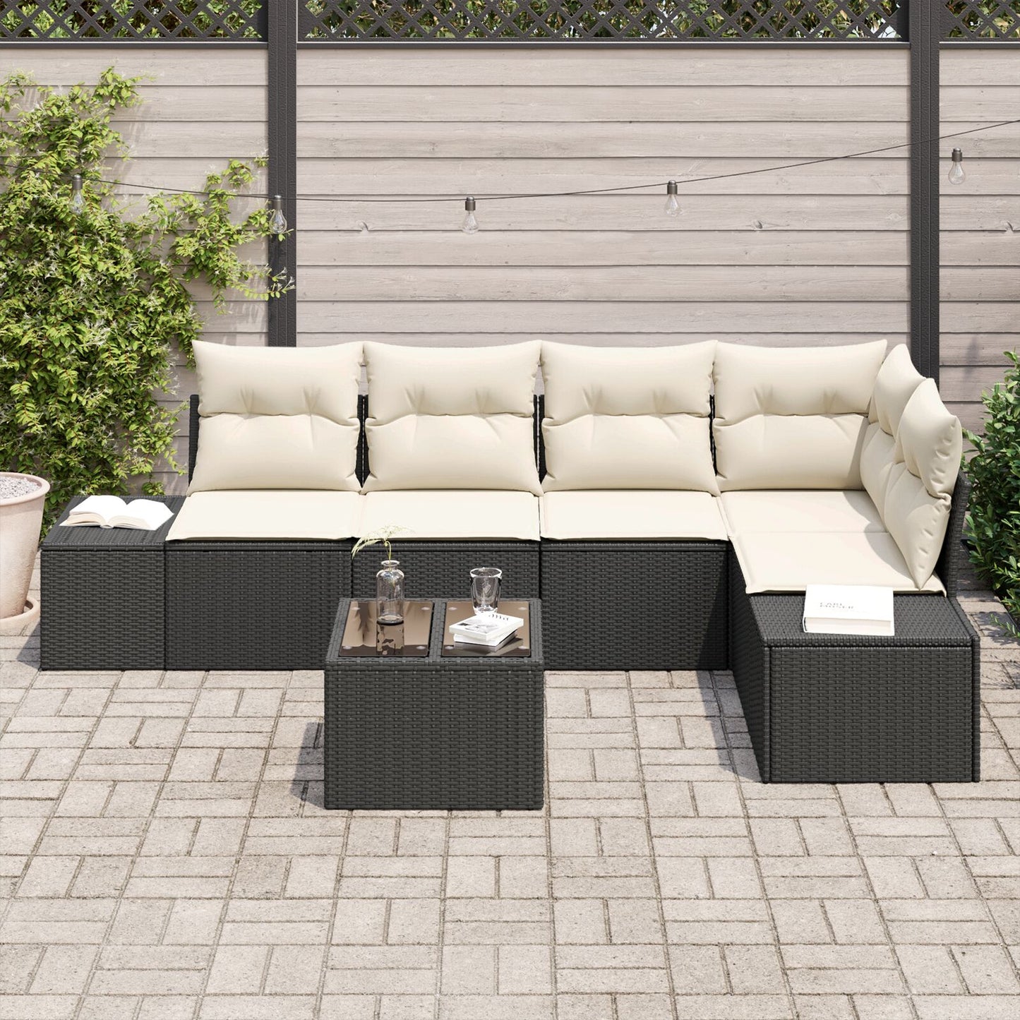 5-Delige Tuin Sofa Set Met Kussens Bruin Poly Rattan Zwart en wit met tafel