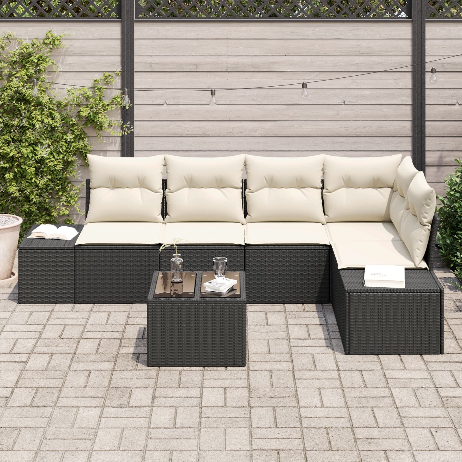 5-Delige Tuin Sofa Set Met Kussens Bruin Poly Rattan Zwart en wit met tafel