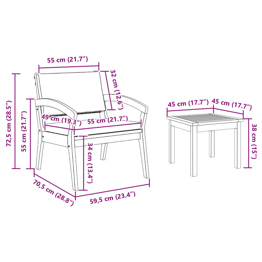 3-Delige Bistro Set Met Kussens - Gemaakt Van Massief Acaciahout Crème wit 2x stoel + tafel