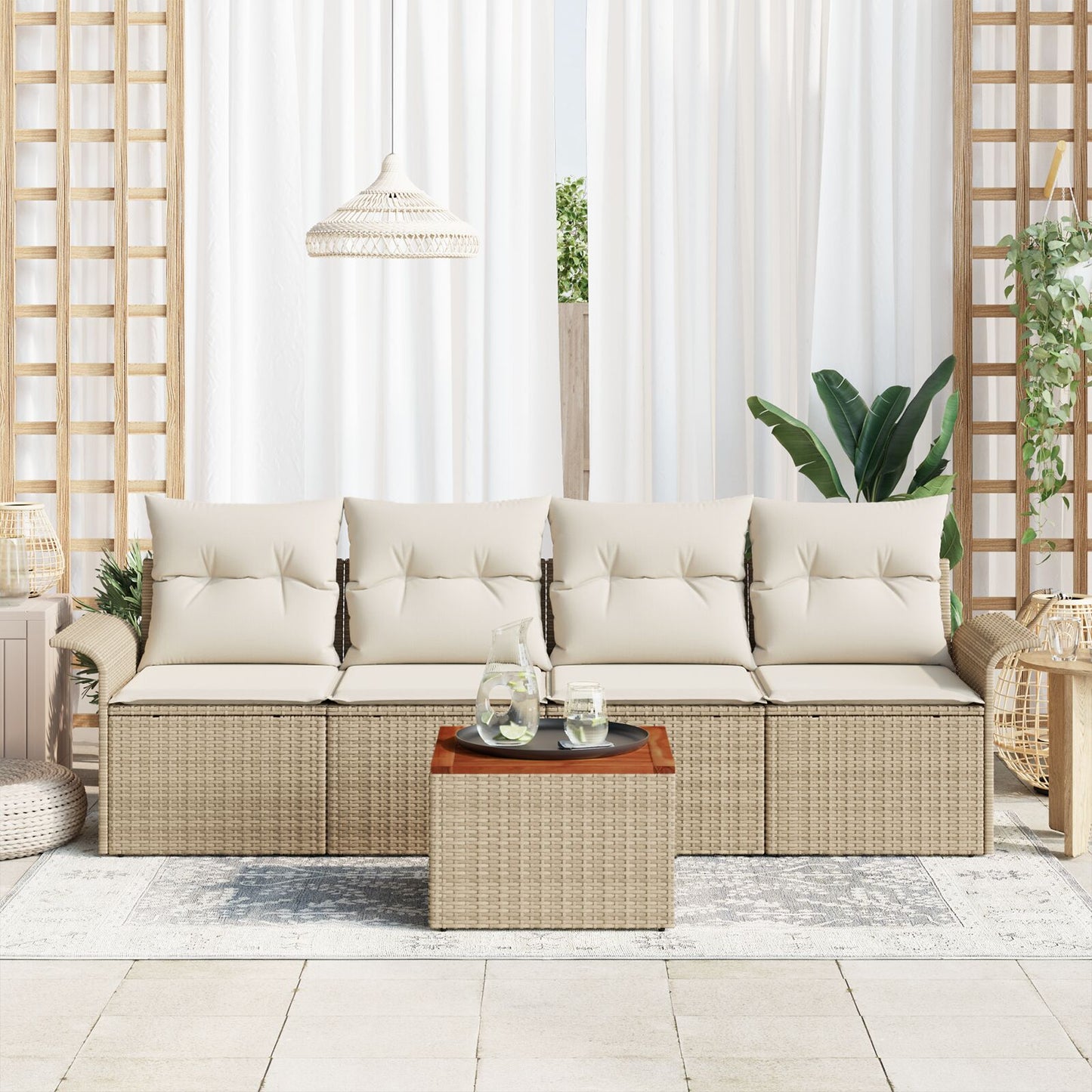 5-Delige Tuin Sofa Set Met Kussens Beige Poly Rattan Acacia