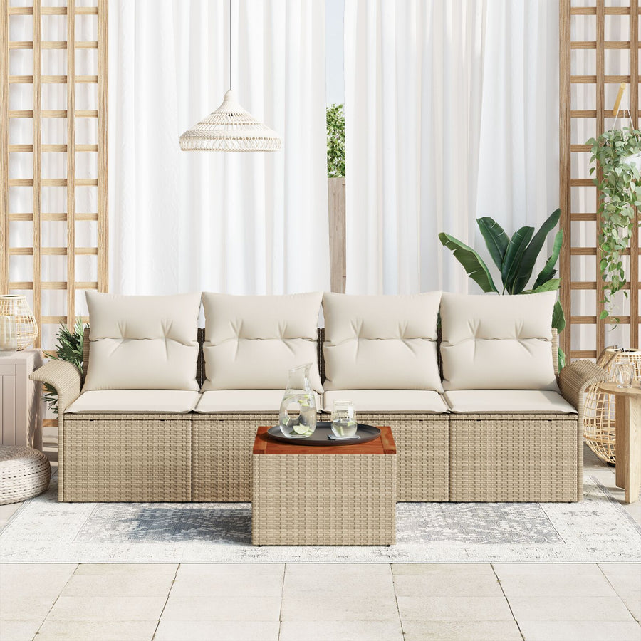5-Delige Tuin Sofa Set Met Kussens Beige Poly Rattan Acacia