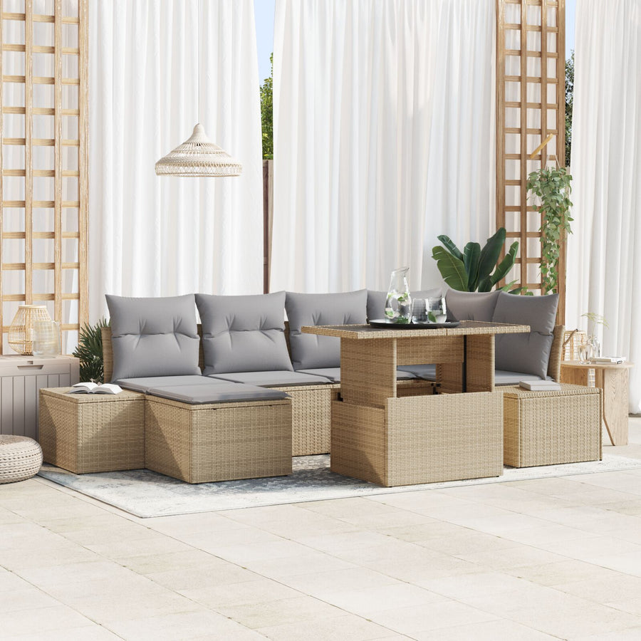 Tuinbank Set Set Van 7 Beige, Grijs Rattan, Polyester
