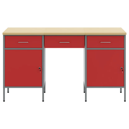 3-Delige Werk Kabinet En Tafel Set Rood Geengineerd Hout & Staal