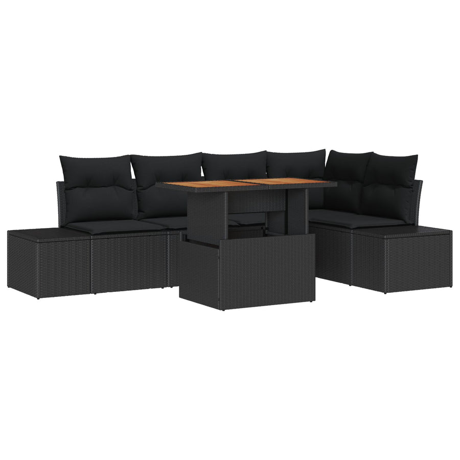 6-Delige Tuin Eettafel Set Met Kussens Zwart Poly Rattan Acacia