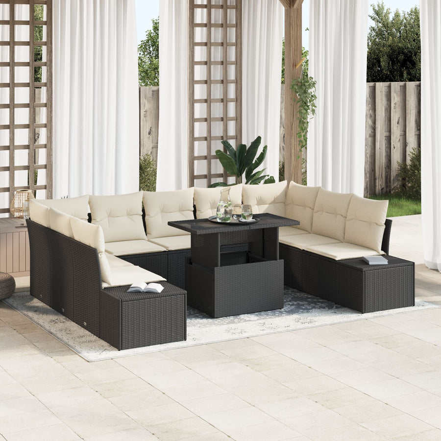 Tuinsofa Set Set Van 10 Zwart En Crème Rattan, Stof, Schuim