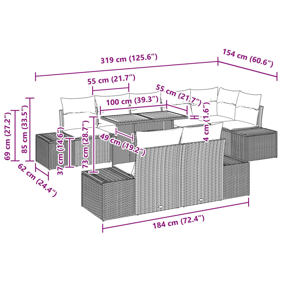 9-Delige Tuin Dining Set Met Kussens Zwart Poly Rattan Acacia