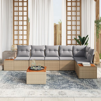 7-Delige Tuinbankset Met Kussens Poly Rattan Acacia Beige en grijs met tafel