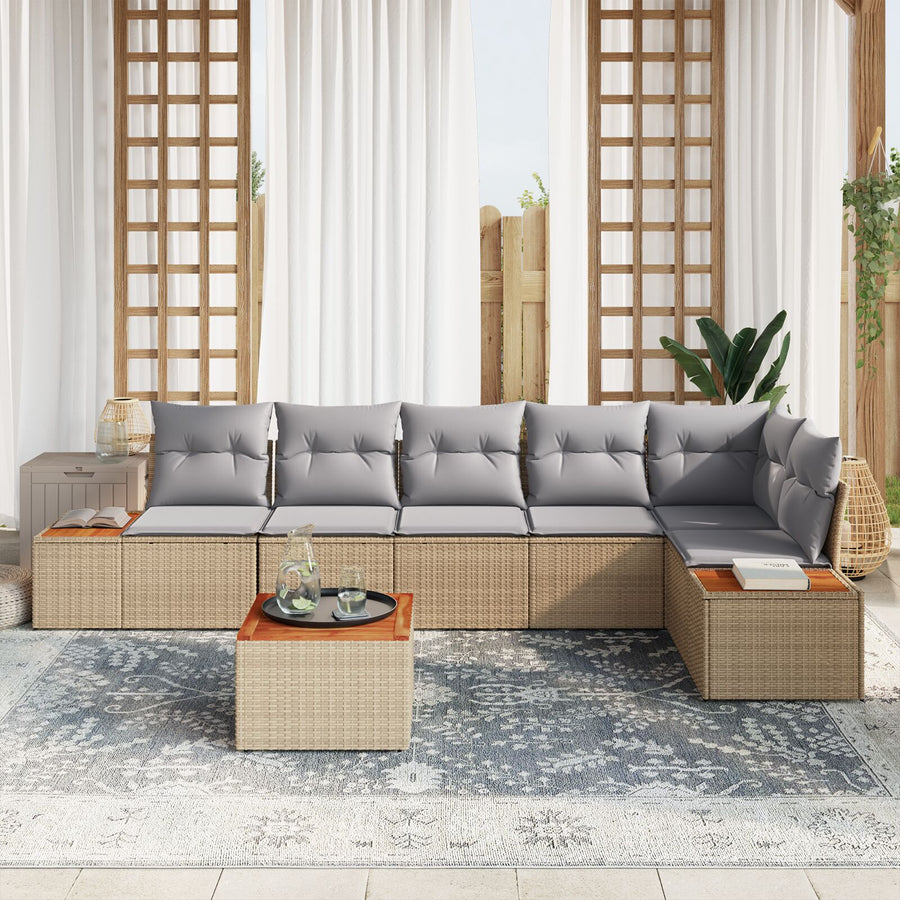 7-Delige Tuinbankset Met Kussens Poly Rattan Acacia Beige en grijs met tafel