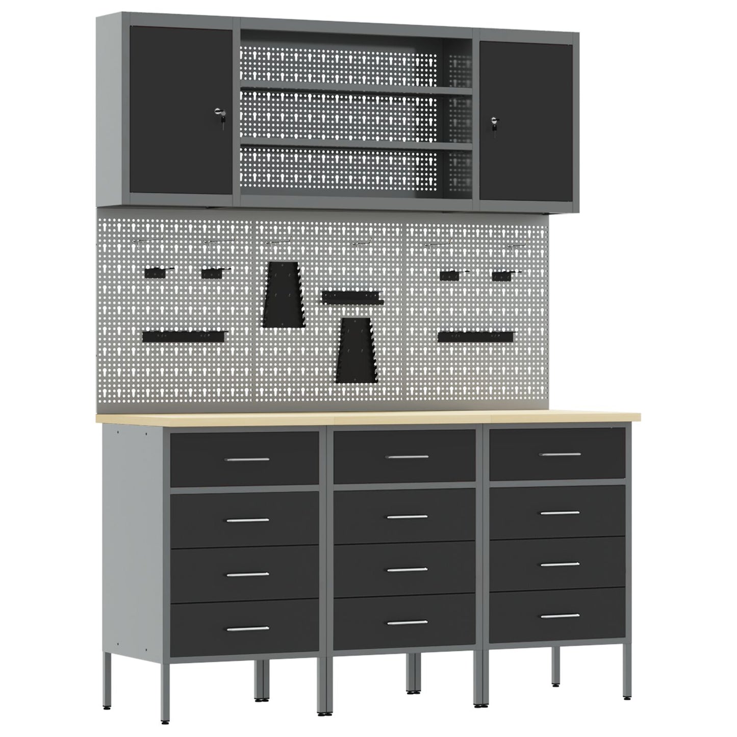 7-Delige Werkbank Set Staal 3x (85 cm) Zwart 4x kast + 4x pegboard