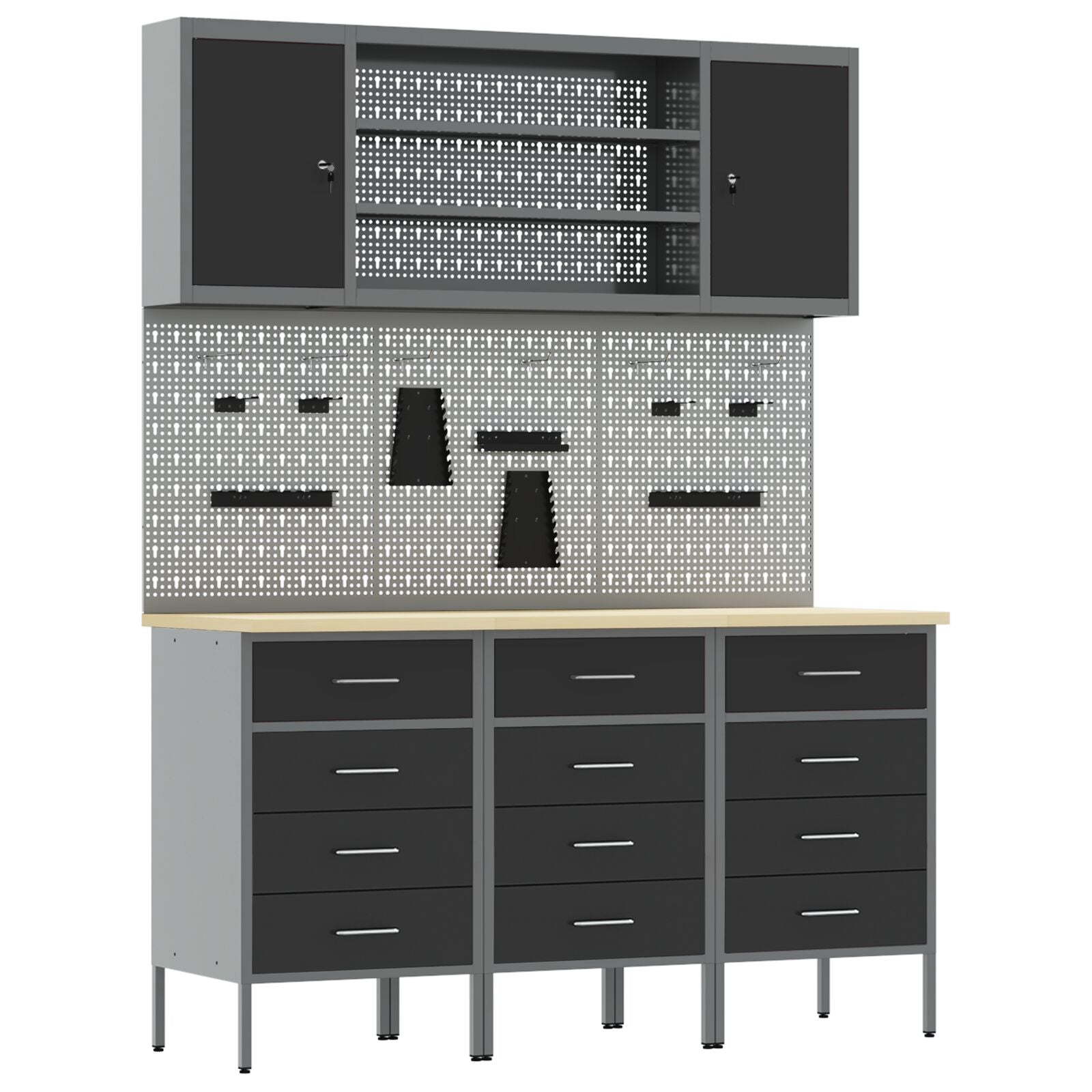 7-Delige Werkbank Set Staal 3x (85 cm) Zwart 4x kast + 4x pegboard
