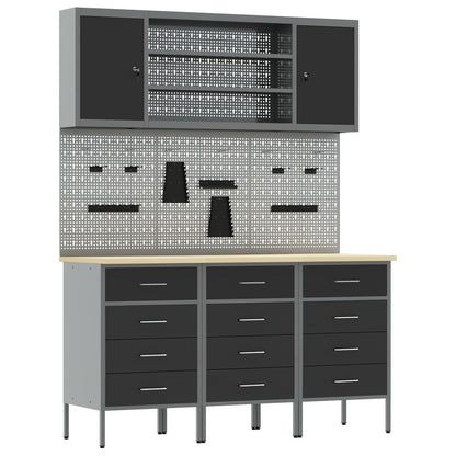 7-Delige Werkbank Set Staal 3x (85 cm) Zwart 4x kast + 4x pegboard