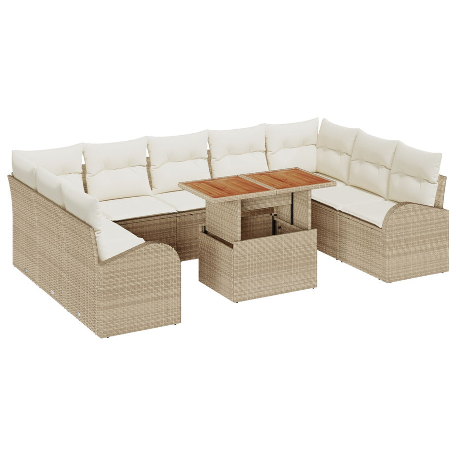 10-Delige Tuinset Met Kussens Beige Poly Riet Acacia