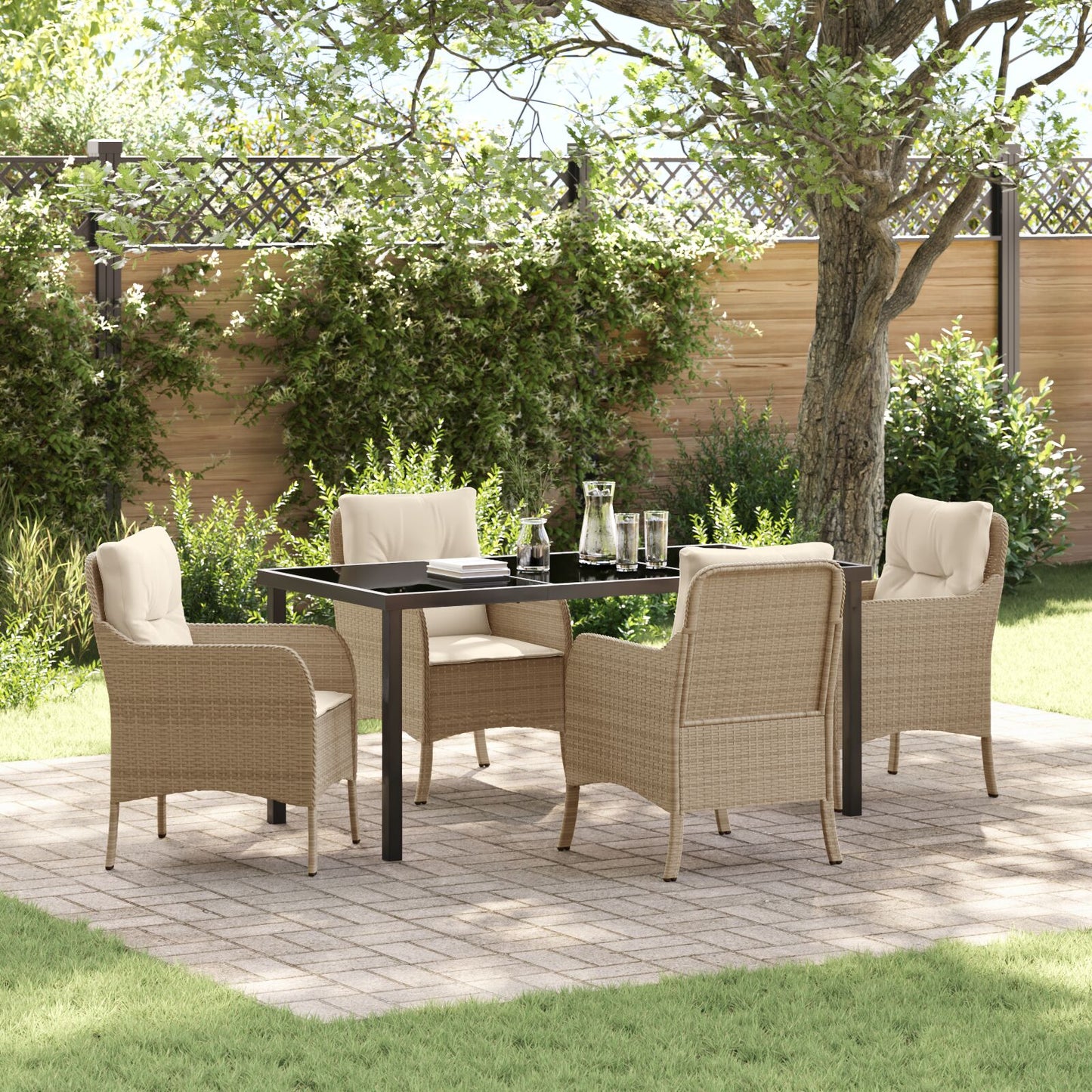 5-Delige Tuin Eet Set Met Kussens Beige Poly Riet