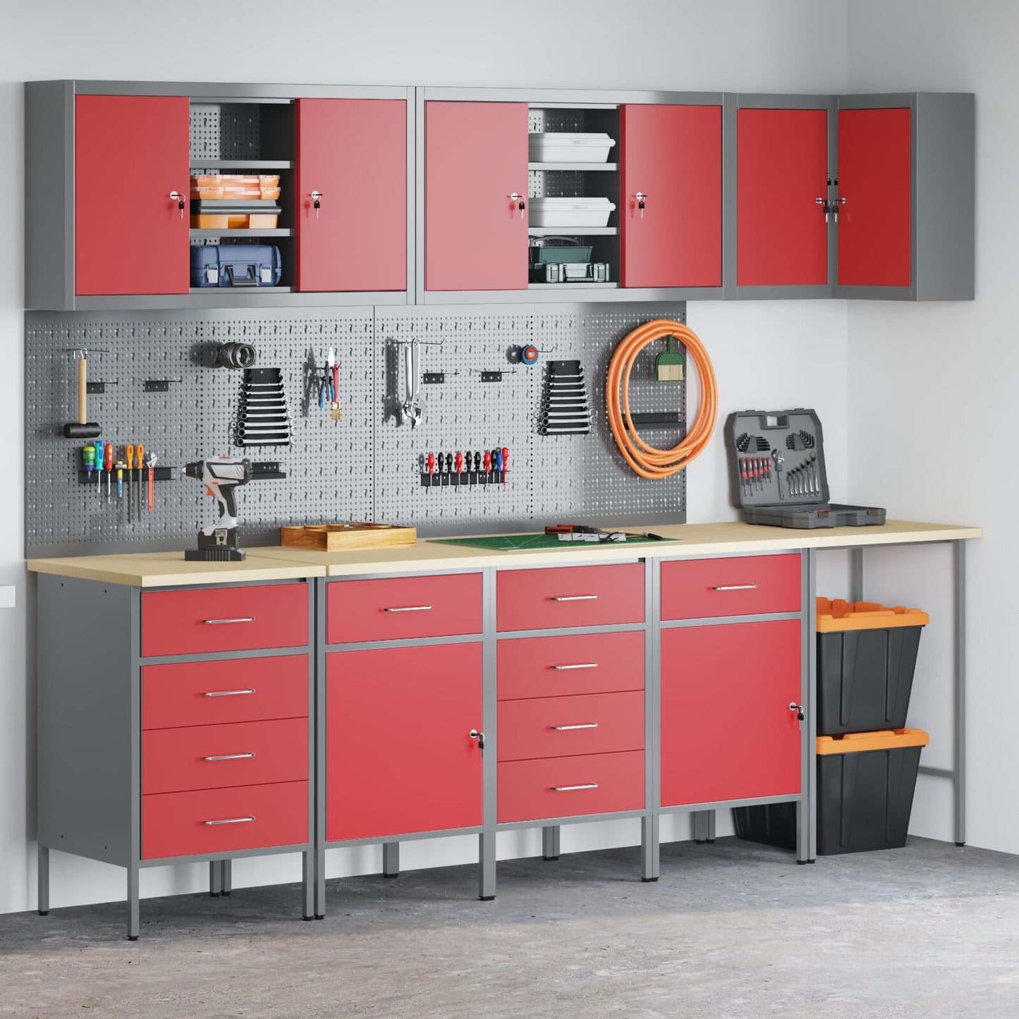 12-Delige Werkcabinet En Pegboard Set In Het Van Mdf En Metaal 4x (2x84/2x85 cm) Rood Tafel + 7x kast + 6x pegboard