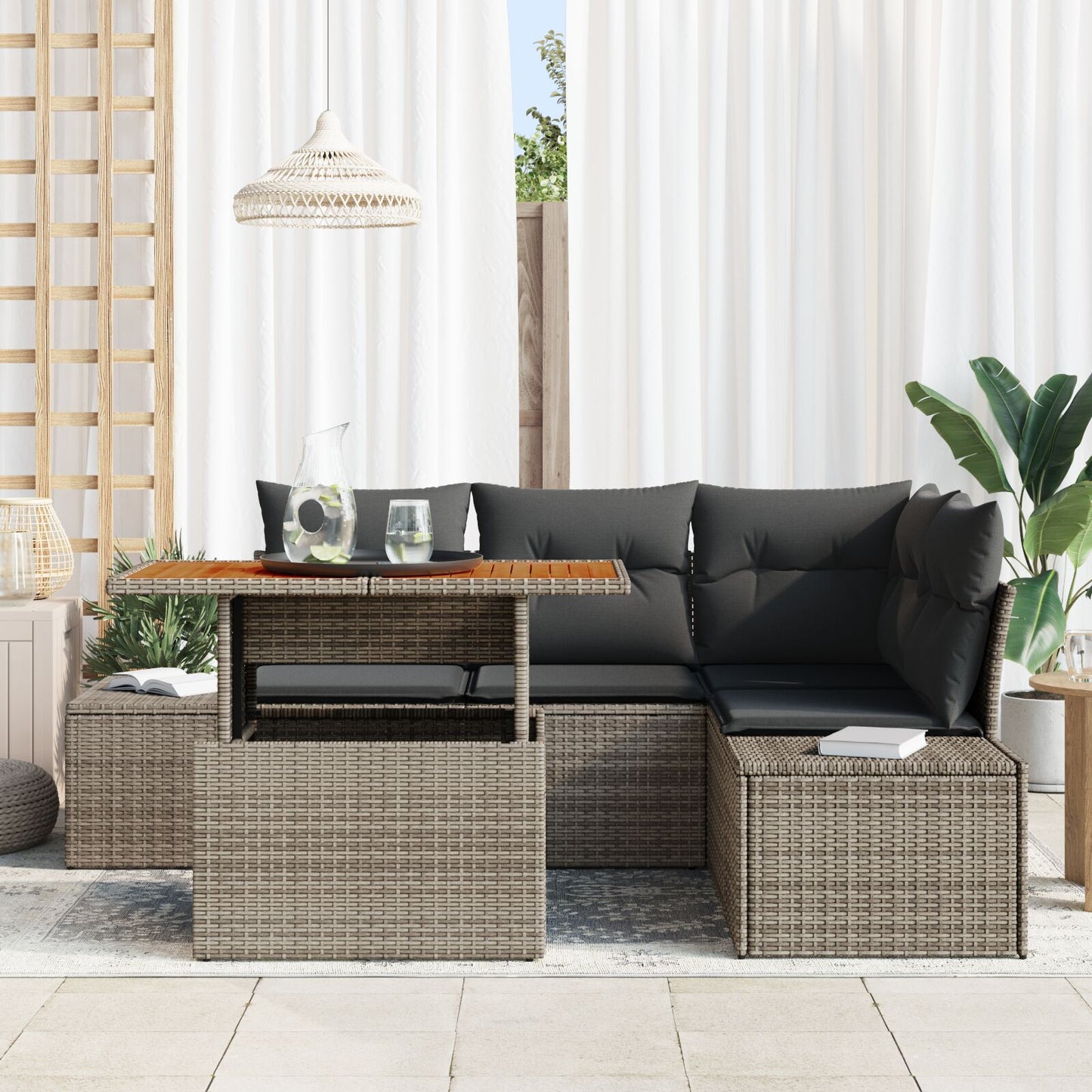 5-Delige Tuin Dining Set Met Kussens Grijs Poly Rattan Acacia