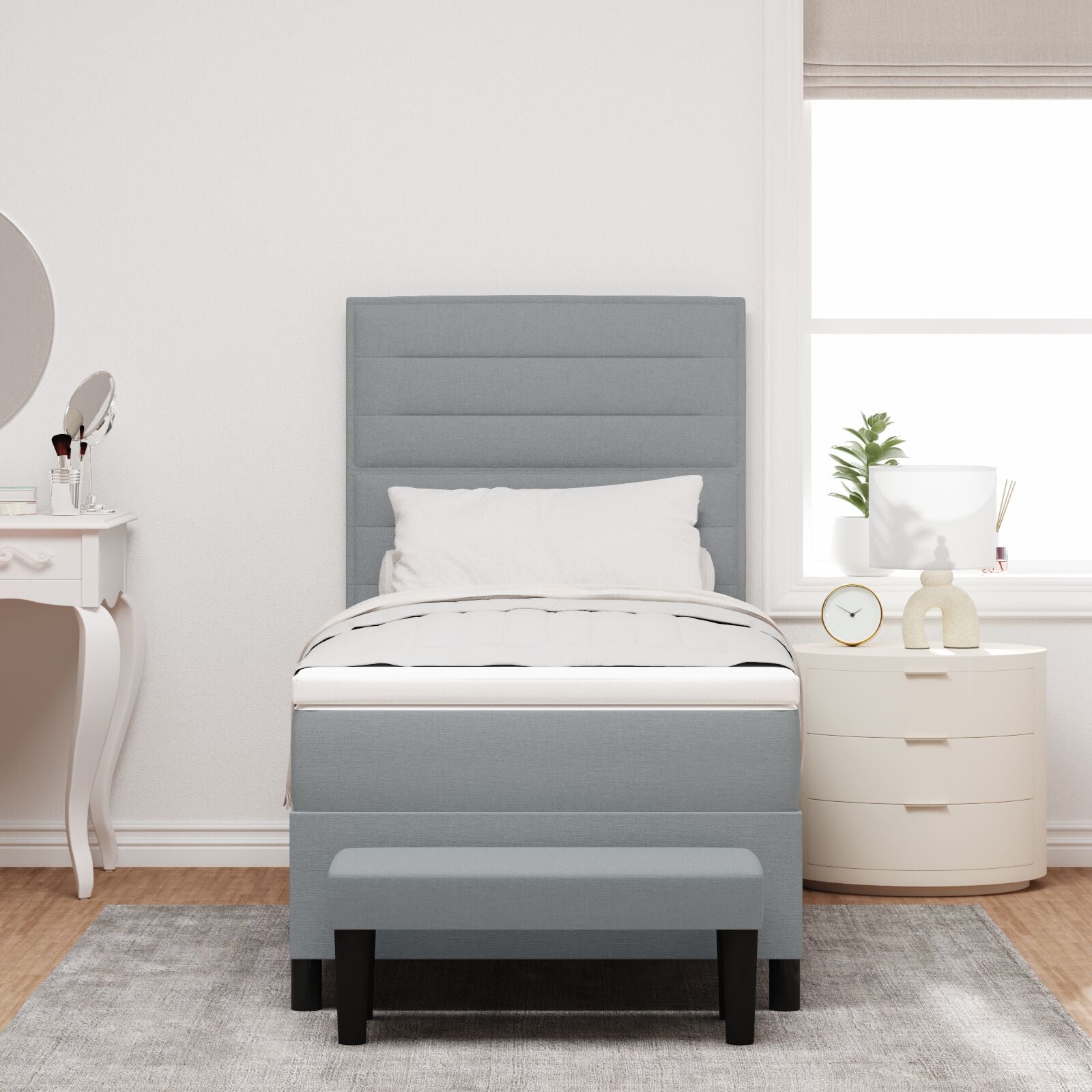 Boxspring Bed Met Matras & Bank Stof Lichtgrijs 90 x 200 cm Lijnen ontwerp