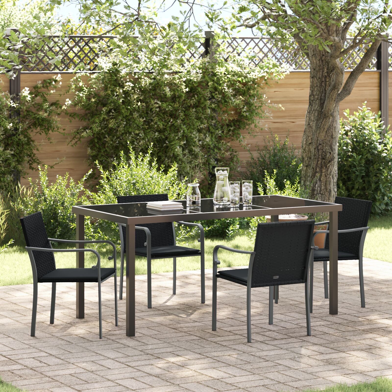 5-Delige Tuin Eettafelset Met Kussens Poly Rattan 4-zits Zwart 160 cm