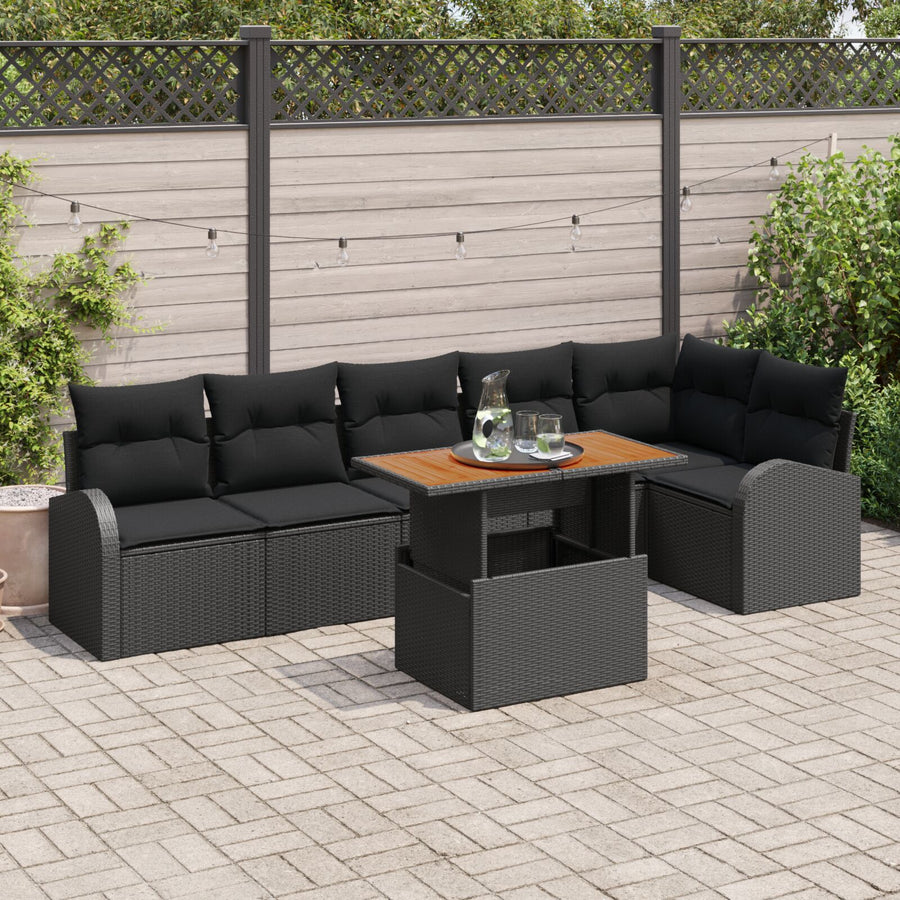 7-Delig Tuin Eetset Met Kussens Zwart Poly Rattan Acacia