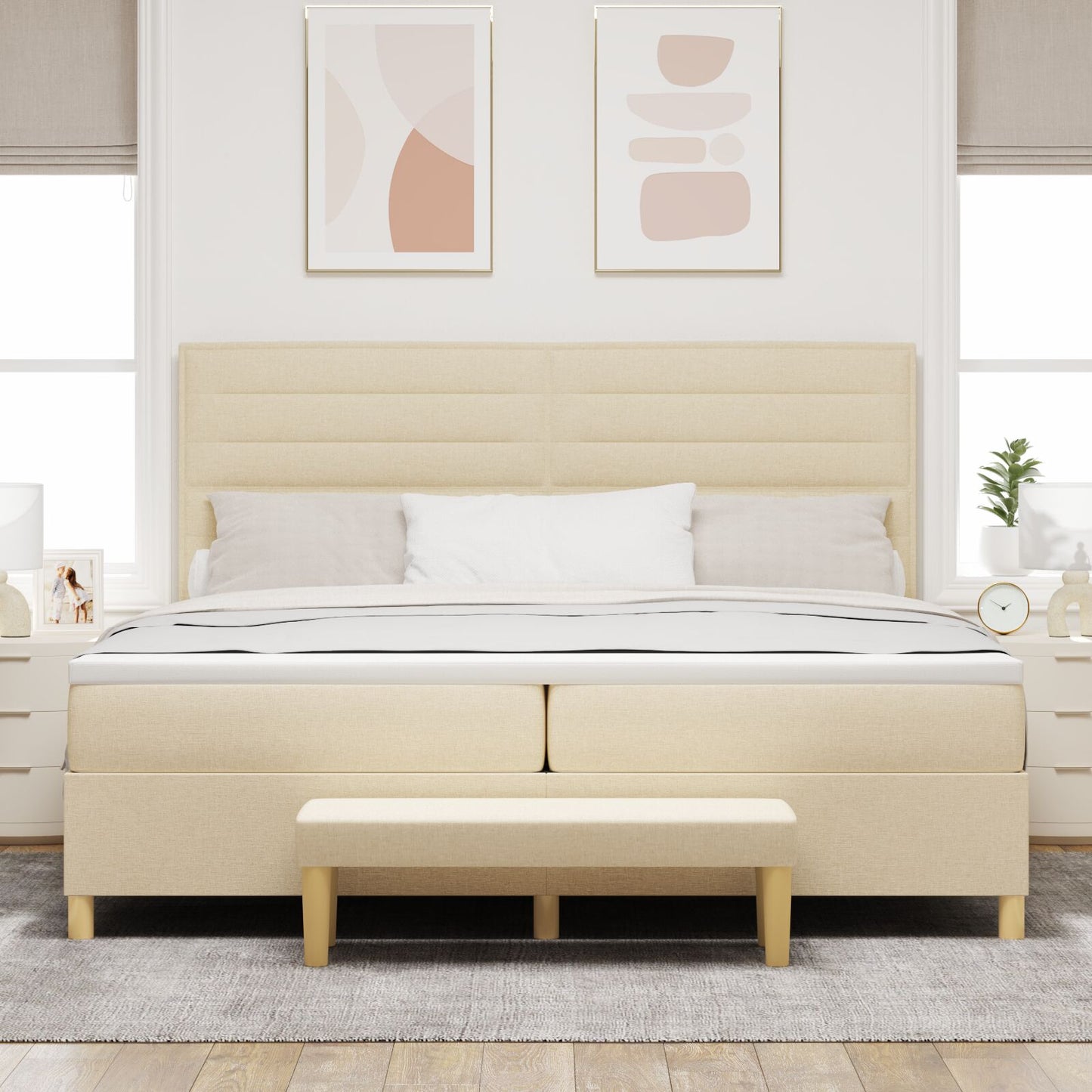 Boxspringbed Met Matras & Bank Stof Crème 200 x 200 cm Lijnen ontwerp