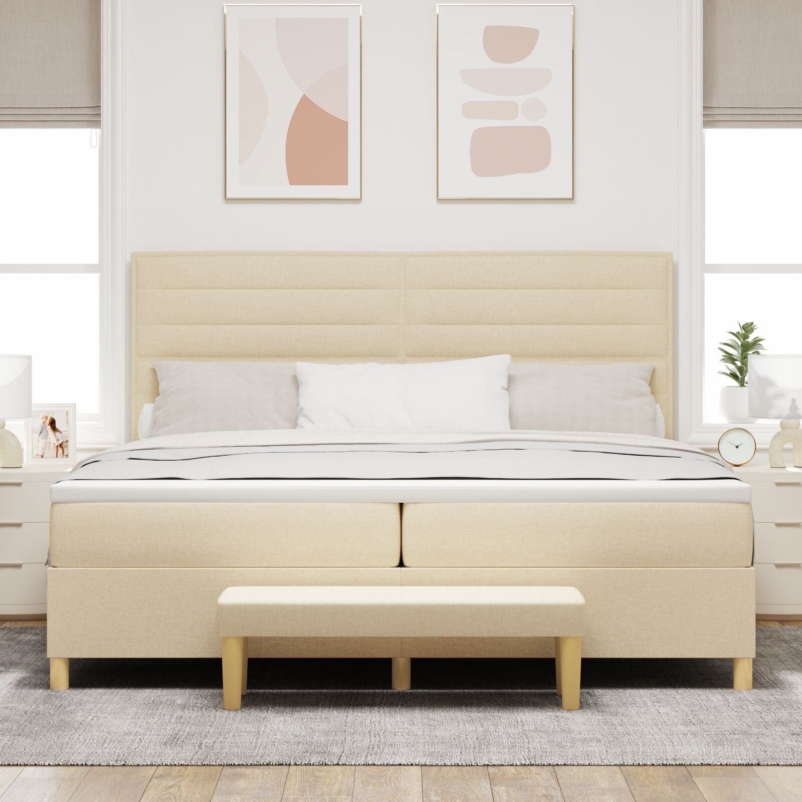 Boxspringbed Met Matras & Bank Stof Crème 200 x 200 cm Lijnen ontwerp
