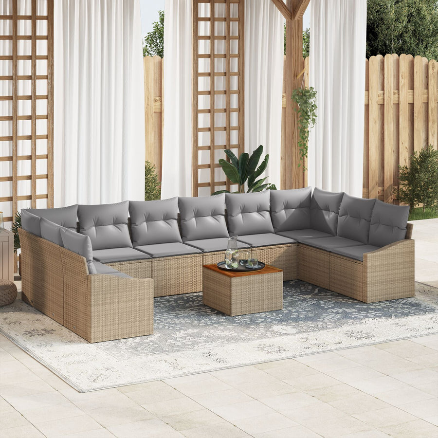 11-Delige Tuinbankset Met Kussens Beige Poly Riet Acacia