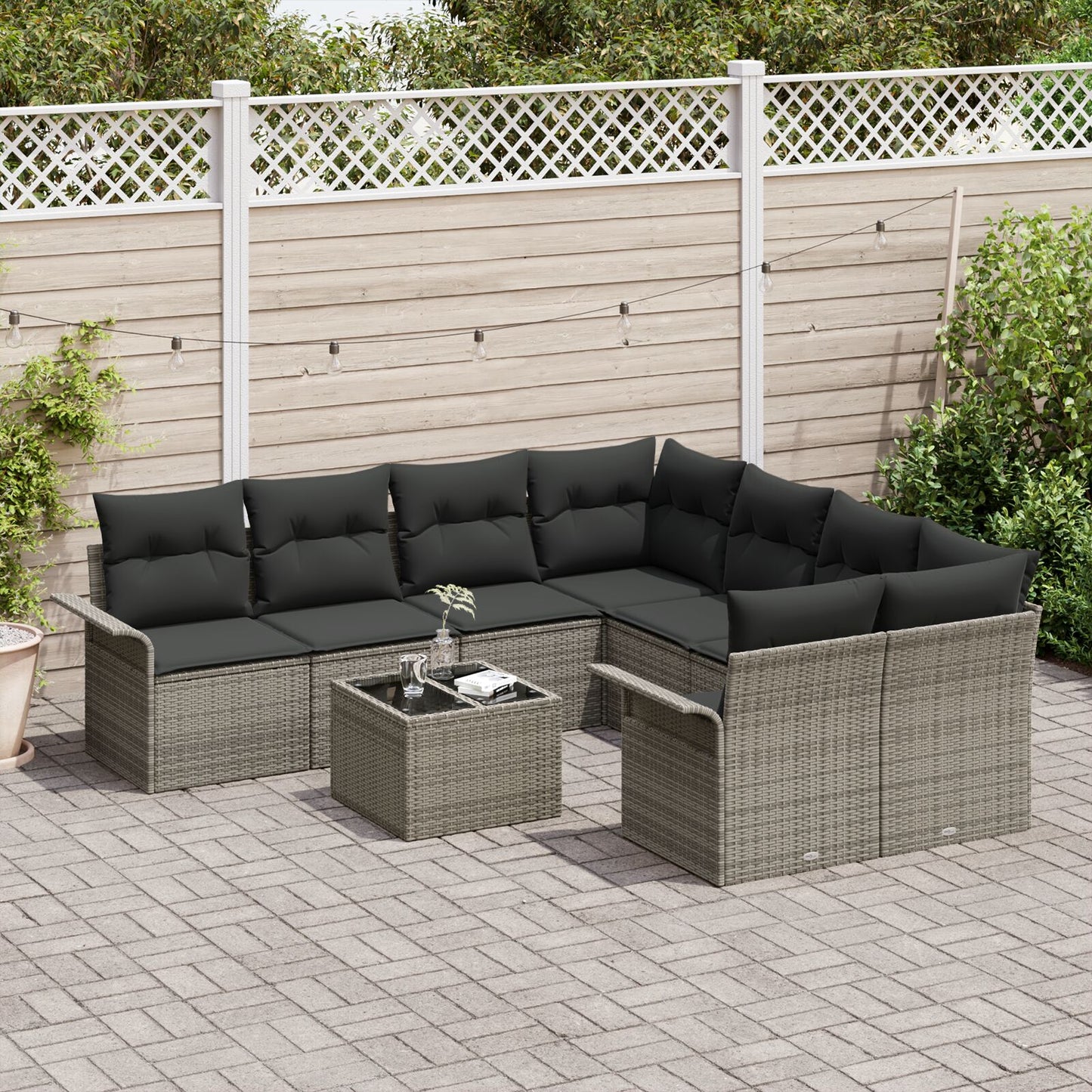 9-Delige Tuinsofa Set Met Kussens Grijs Poly Rattan