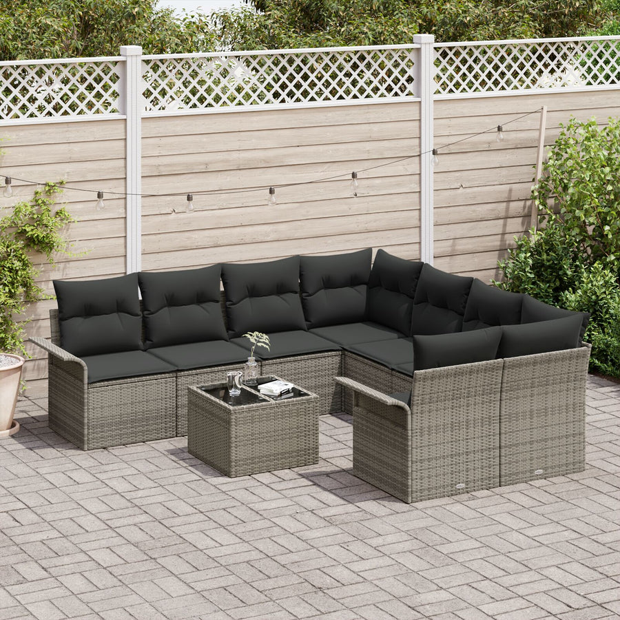 9-Delige Tuinsofa Set Met Kussens Grijs Poly Rattan