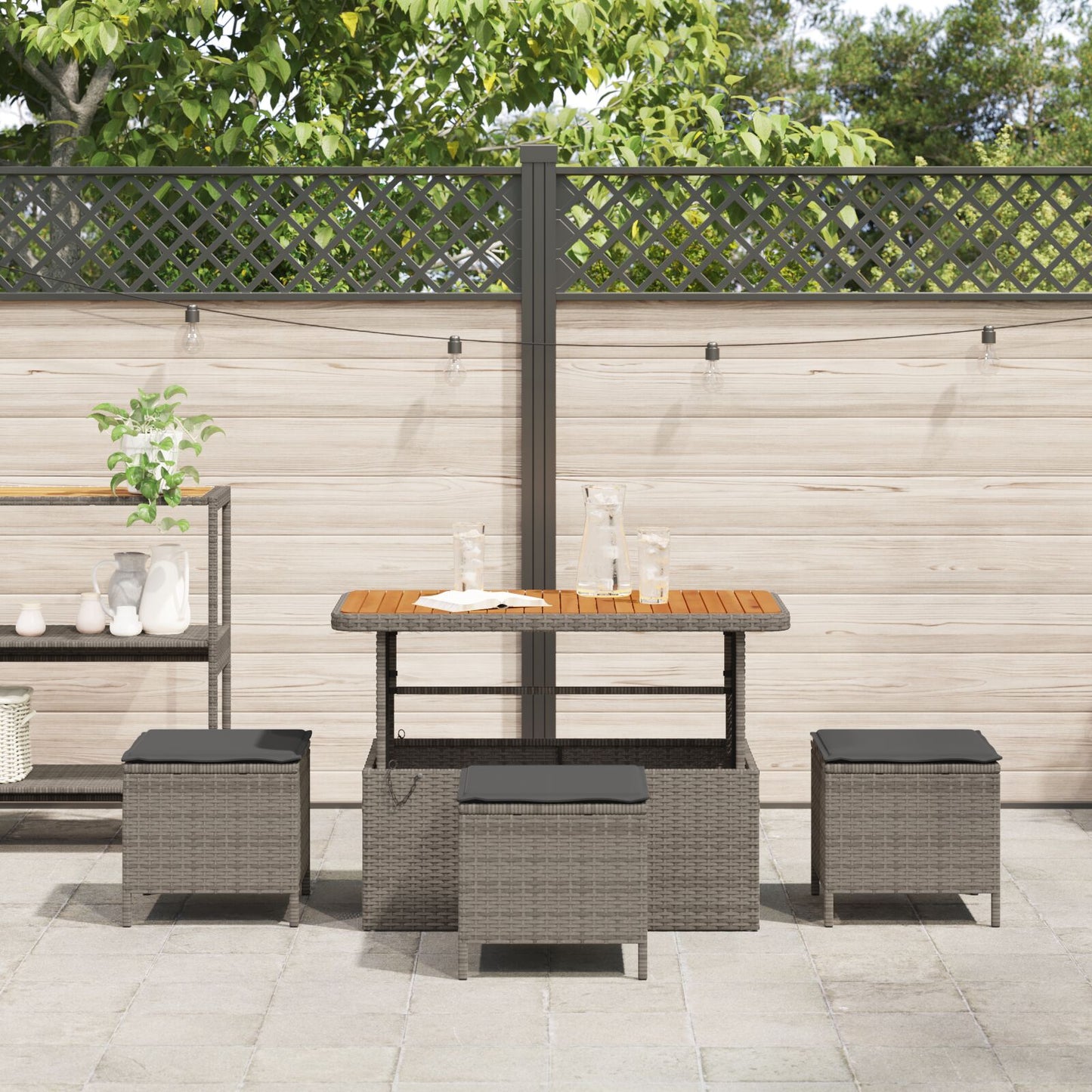 4-Delige Tuin Eetset Met Kussens Poly Rattan Acacia 110 cm Grijs 3 krukken