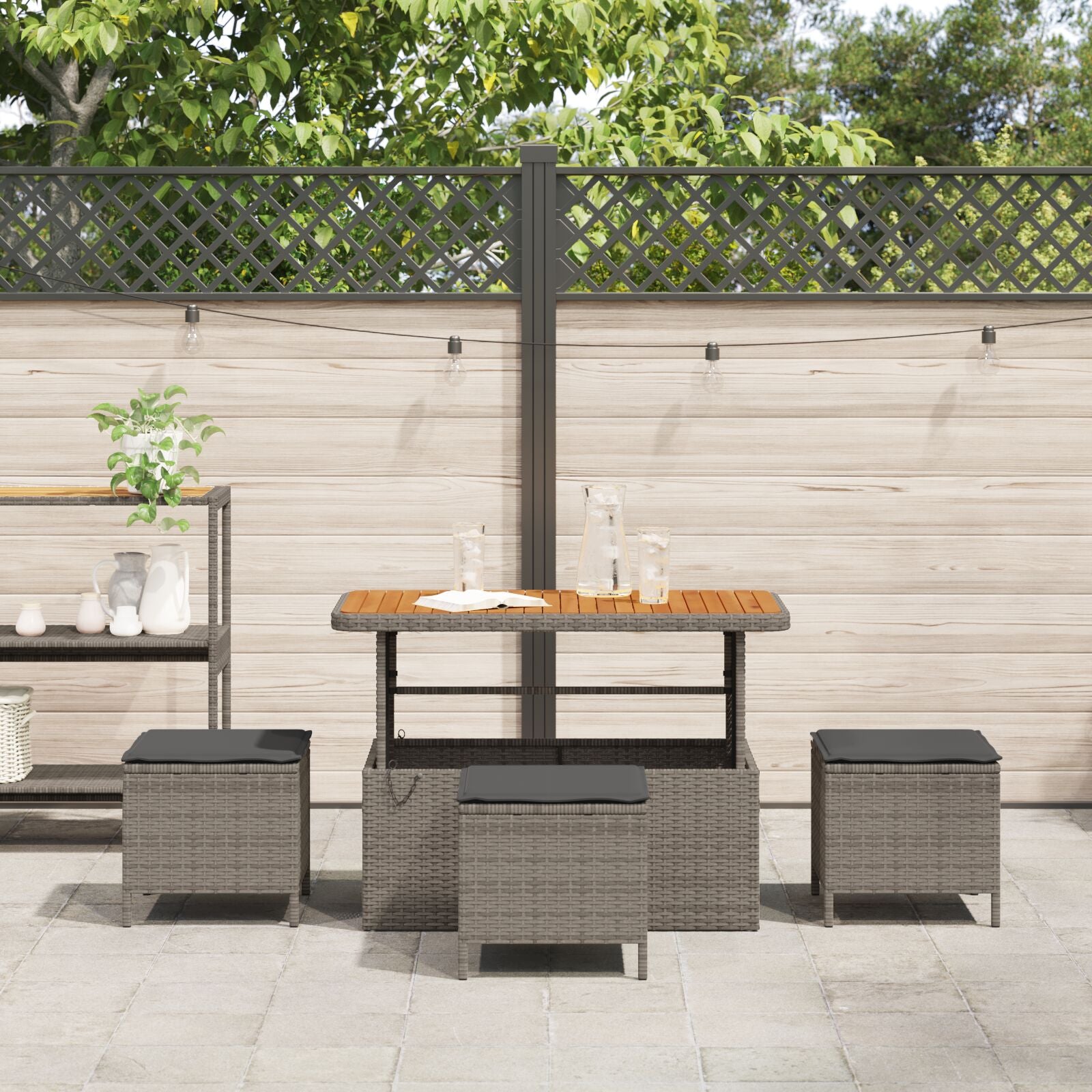 4-Delige Tuin Eetset Met Kussens Poly Rattan Acacia 110 cm Grijs 3 krukken