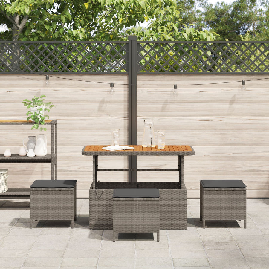 4-Delige Tuin Eetset Met Kussens Poly Rattan Acacia 110 cm Grijs 3 krukken
