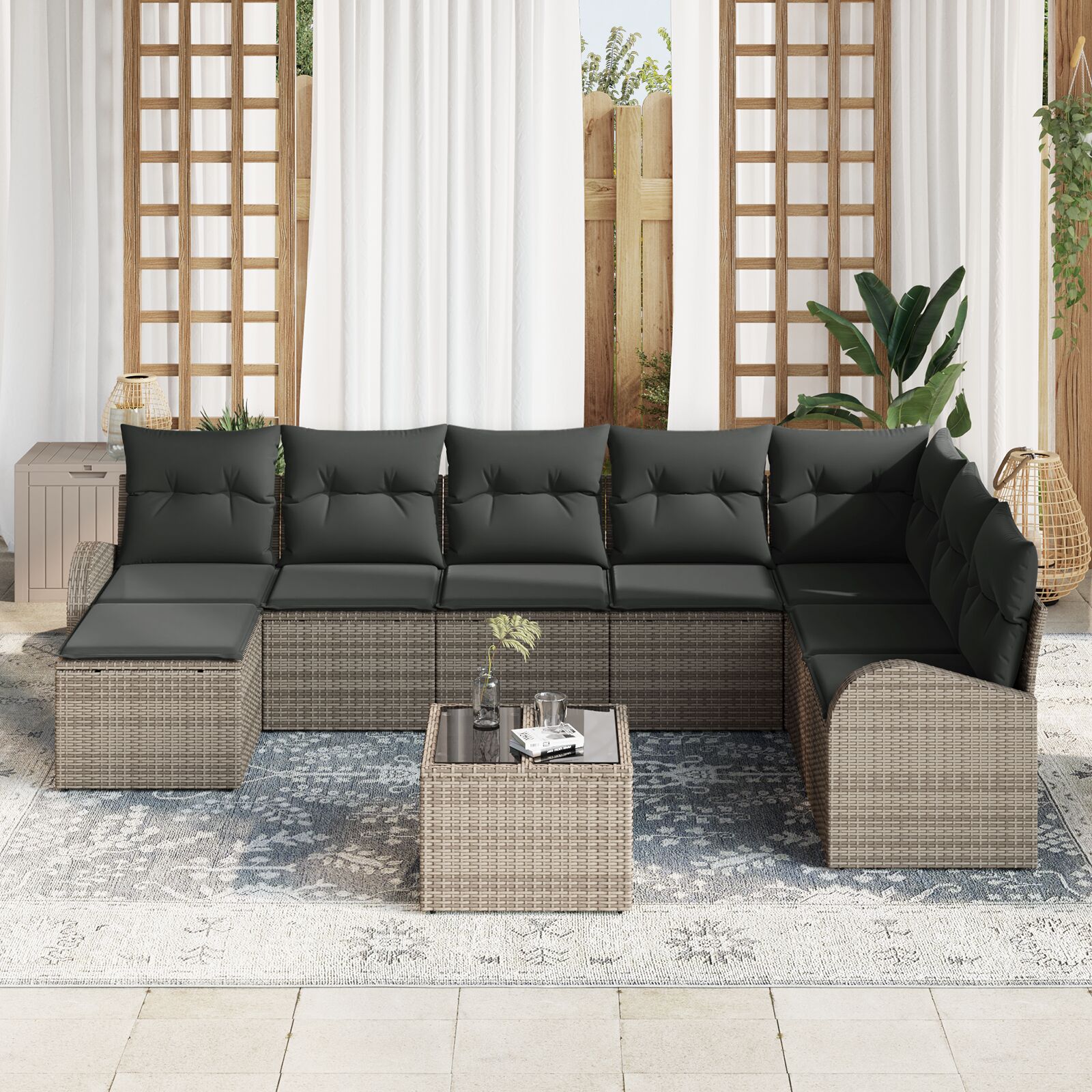 Tuinbank Set 9 Stuks Donkergrijs, Bruin Rattan, Polyester