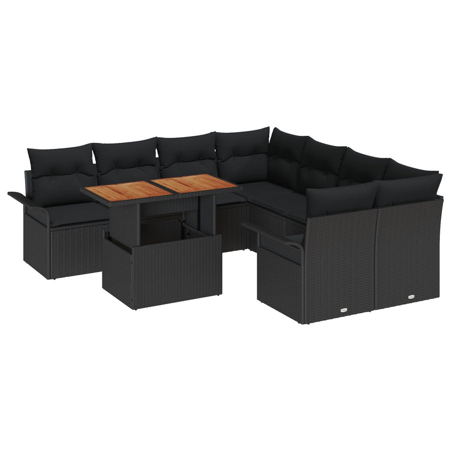9-Delige Tuin Sofa Set Met Kussens Zwart Poly Rattan Acacia