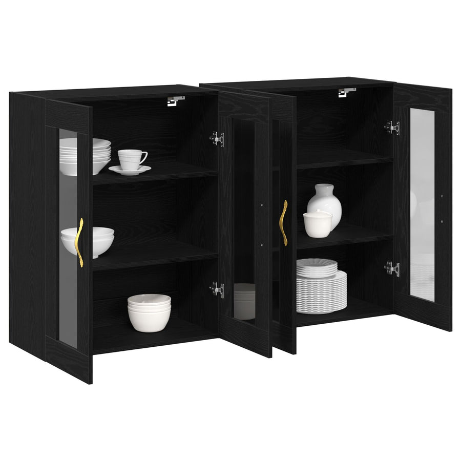 Wandkast Set Van 2 Zwart Eiken Hout, Glas 139 X 34 X 90 Cm