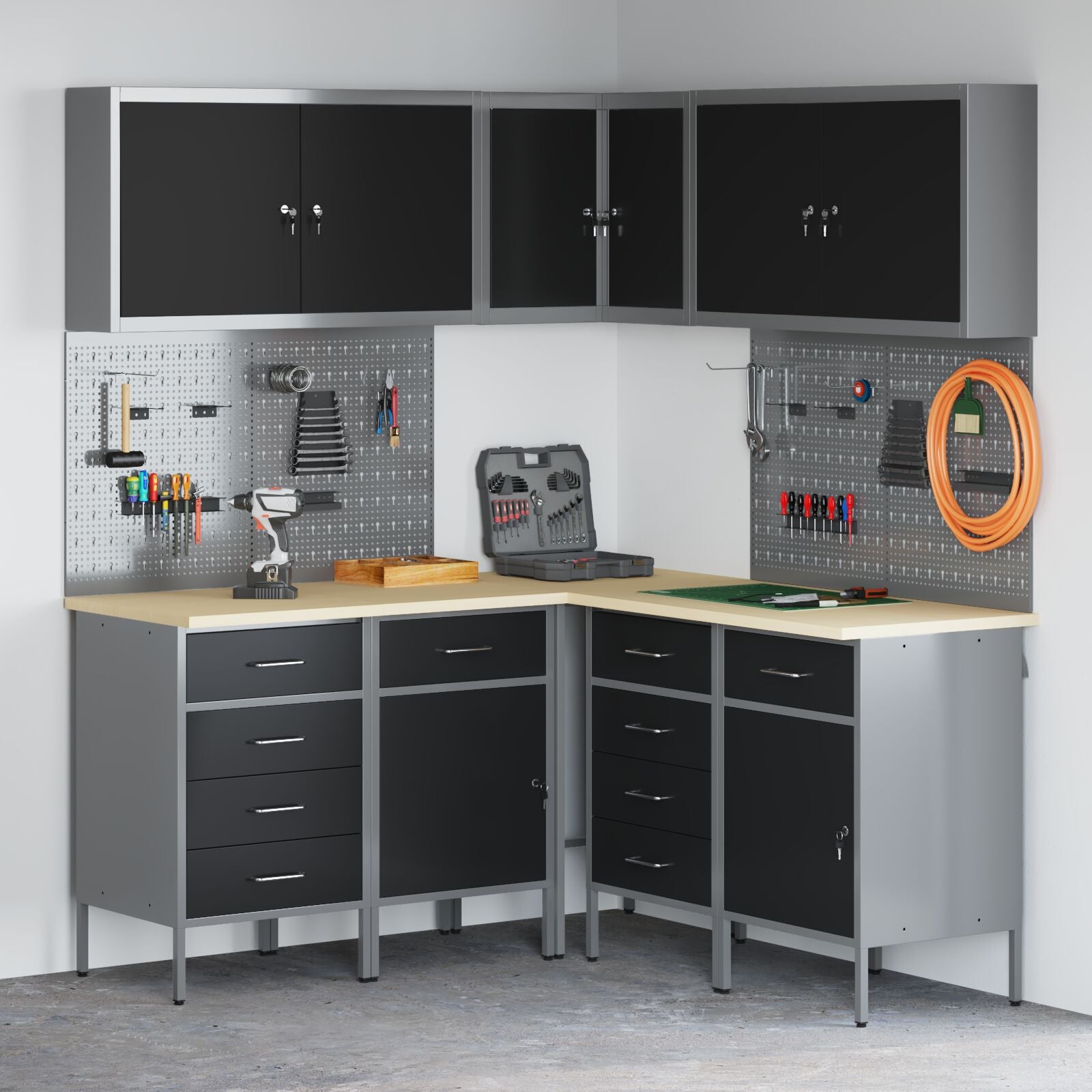 12-Delige Werkbank En Pegboard Set Mdf En Metaal 4x (2x84/2x85 cm) Zwart Tafel + 7x kast + 4x pegboard